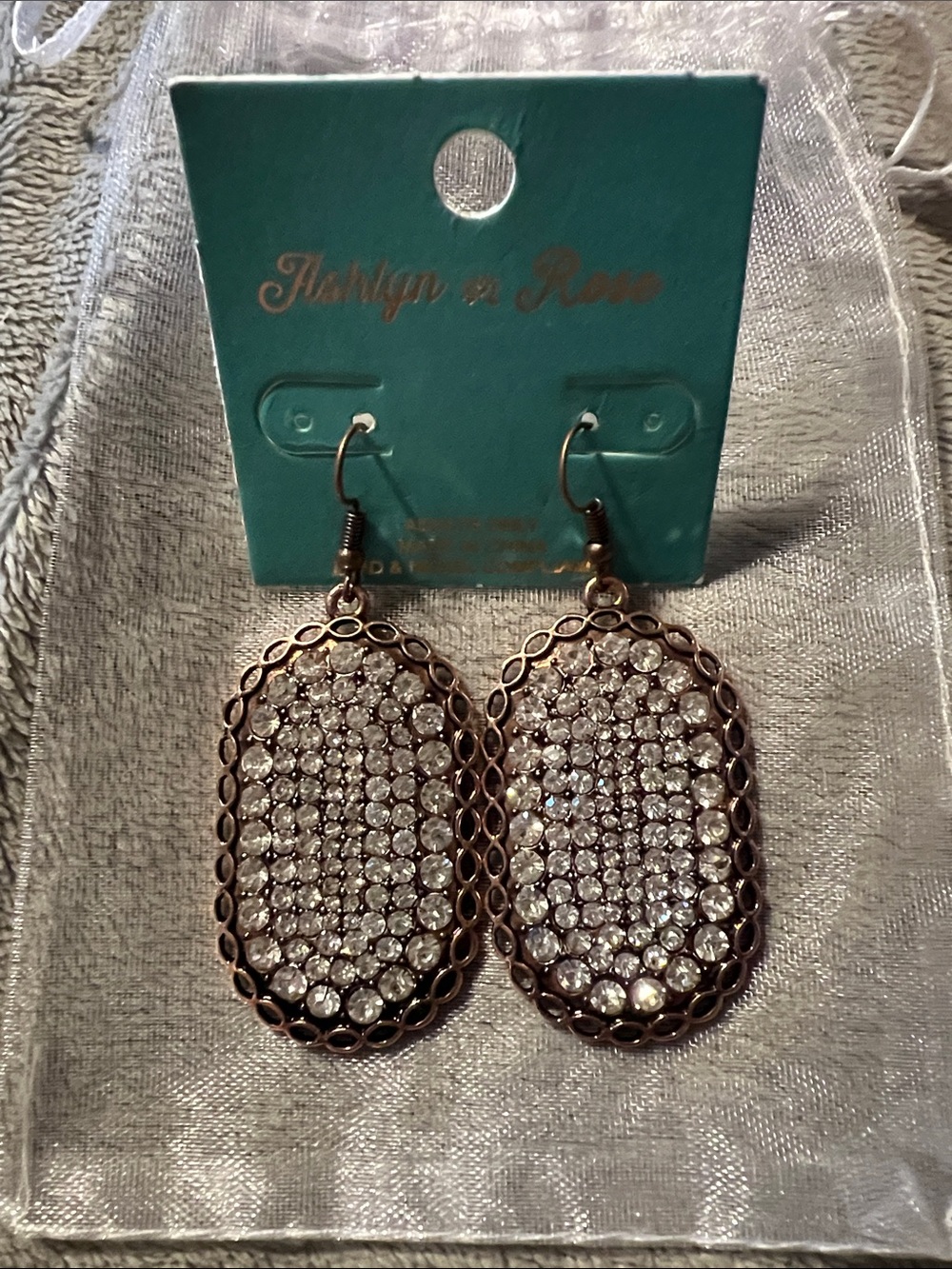 Copper Tone Crystal Oval Drop Earrings